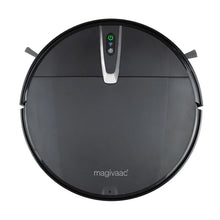 Black robotic vacuum cleaner with control buttons, circular design, and magivaac logo