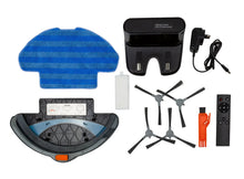 Robot vacuum cleaner accessories set with side brushes, remote, filter, cleaning tool, charging dock, washable mop pad, power adapter, and dustbin.