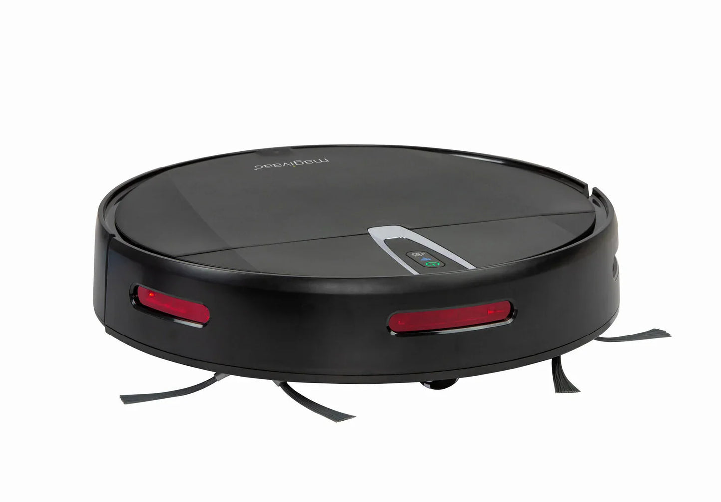 Black robotic vacuum cleaner with side brushes on white background