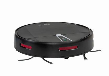 Black robotic vacuum cleaner with side brushes on white background