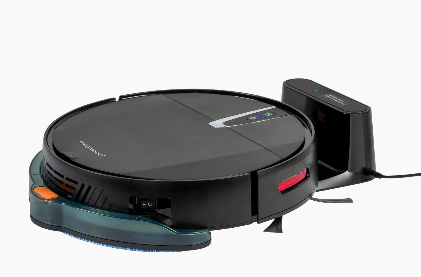 Black robot vacuum cleaner with charging dock, smart cleaning appliance on white background