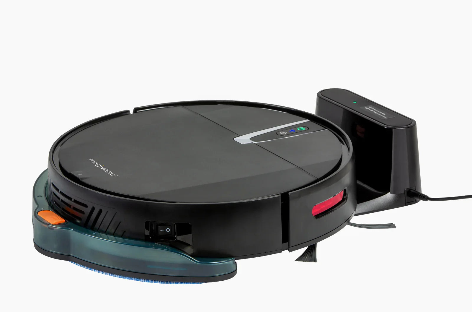 Black robot vacuum cleaner with charging dock, smart cleaning appliance on white background