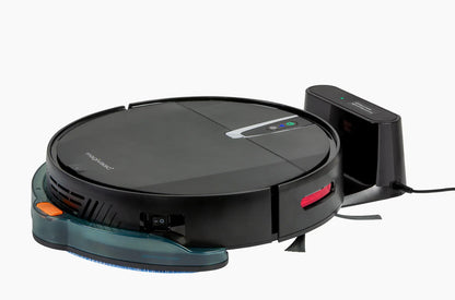 Black robot vacuum cleaner with charging dock, smart cleaning appliance on white background