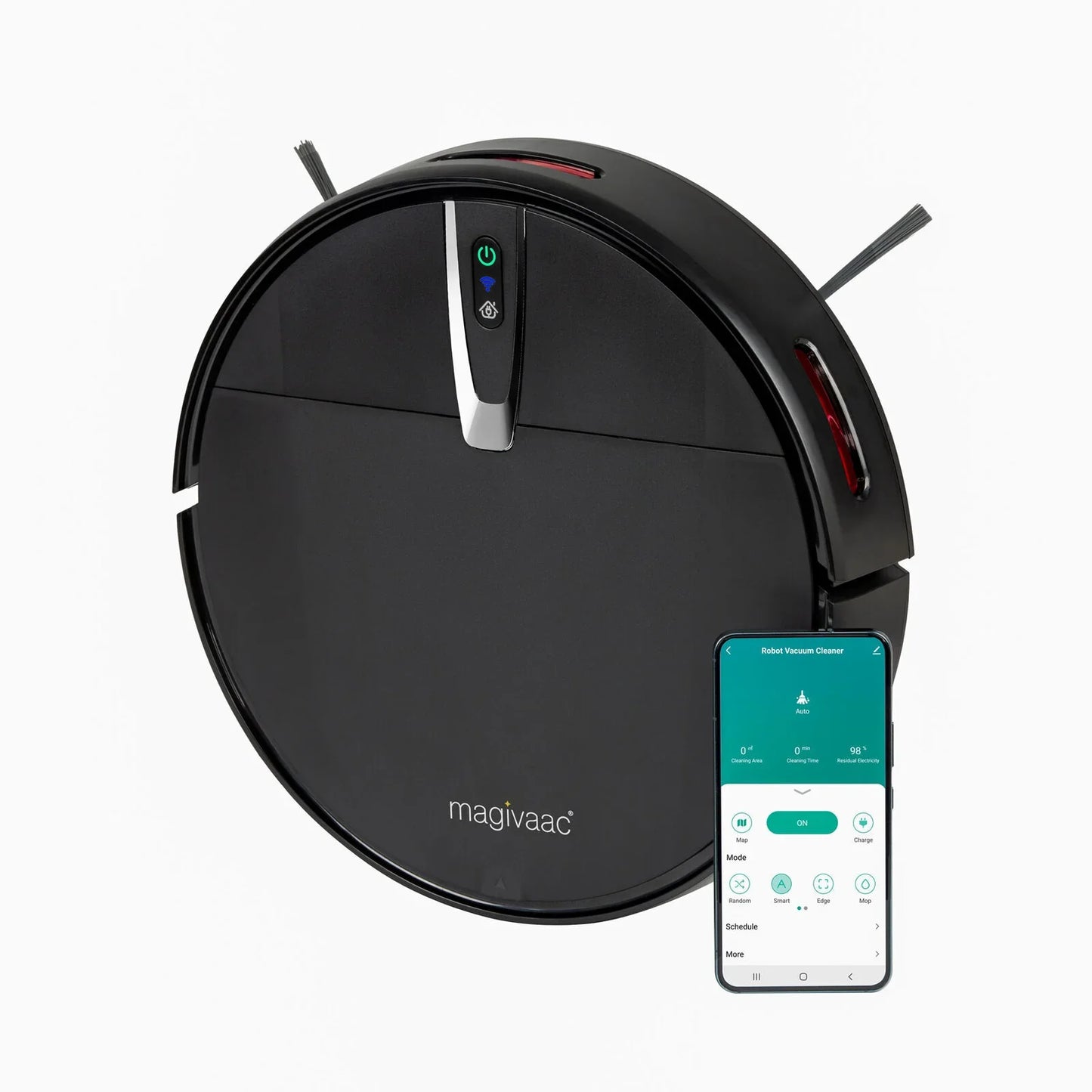Black robot vacuum cleaner with app control interface, smart home cleaning device