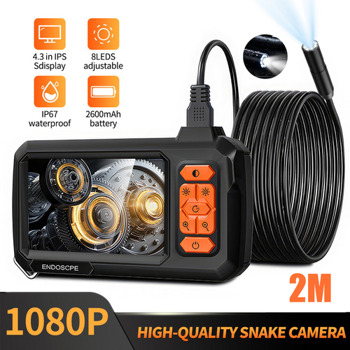 1080p snake camera with 4.3in IPS display, 8LEDs, IP67 waterproof, 2M flexible cable for inspection