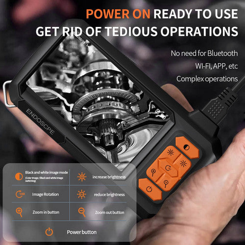 Handheld endoscope camera with live engine view, zoom & brightness controls, no app needed