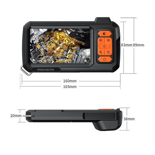 Compact endoscope camera with orange controls, displaying engine inspection on screen, ideal for detailed diagnostics.