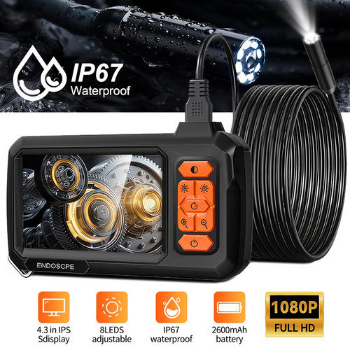 IP67 Waterproof Endoscope with 4.3" IPS Display, 8LEDs, 1080P Full HD, and 2600mAh Battery