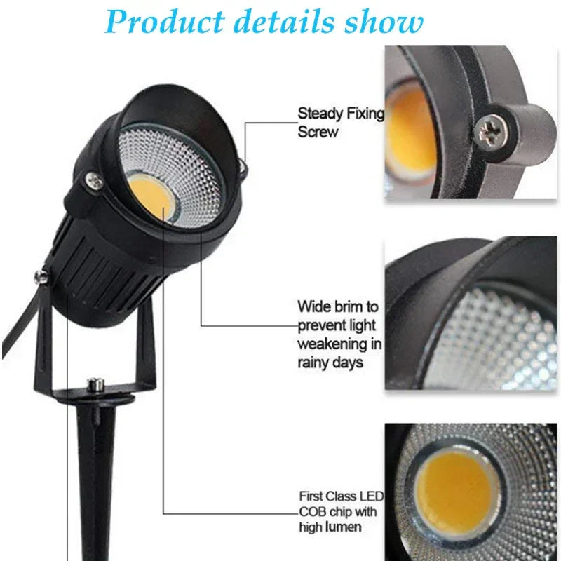 Black outdoor LED spotlight with steady fixing screw, wide rainproof brim, and high-lumen COB chip