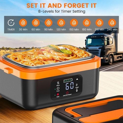 Heated lunch box with timer and keep warm mode