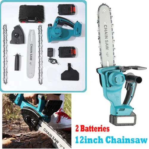 12-inch cordless chainsaw with two batteries and accessories in teal and black, shown cutting wood