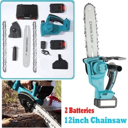 12-inch cordless chainsaw with two batteries and accessories in teal and black, shown cutting wood