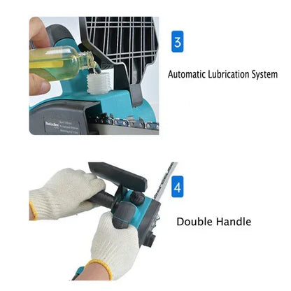 Chainsaw features: automatic lubrication system with oil pouring and double handle operation with gloved hands