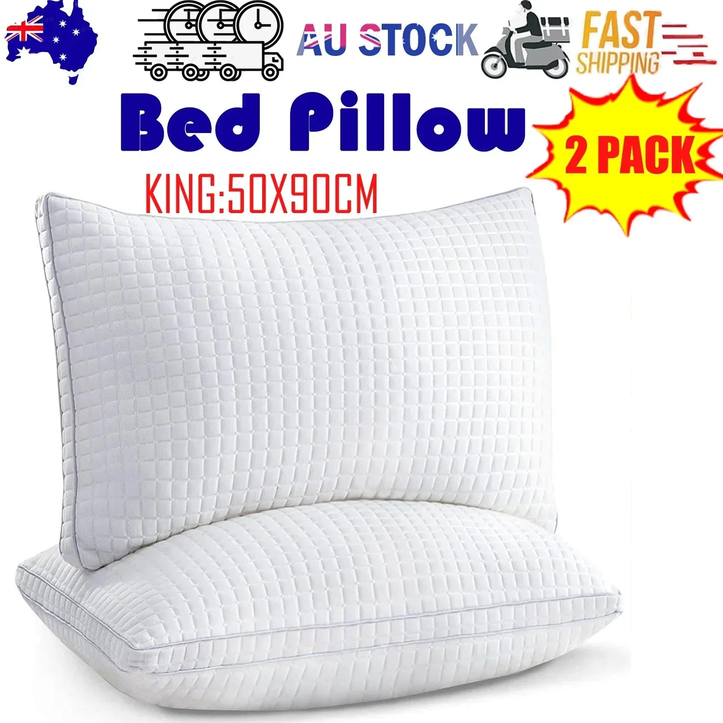 King size white bed pillows 50x90cm with quilted pattern, 2 pack, AU stock, fast shipping