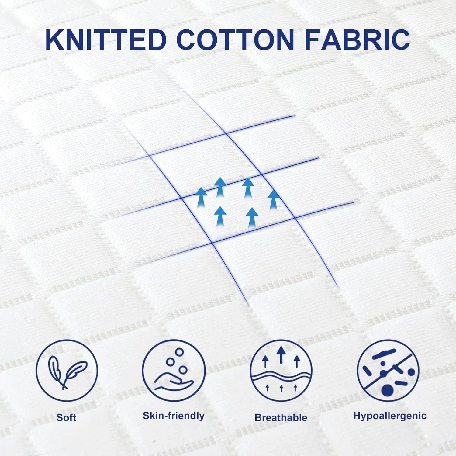 Close-up of white knitted cotton fabric with breathable texture and icons for soft, skin-friendly, breathable, hypoallergenic