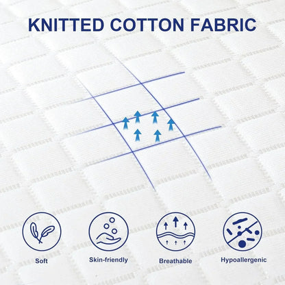 Close-up of white knitted cotton fabric with breathable texture and icons for soft, skin-friendly, breathable, hypoallergenic