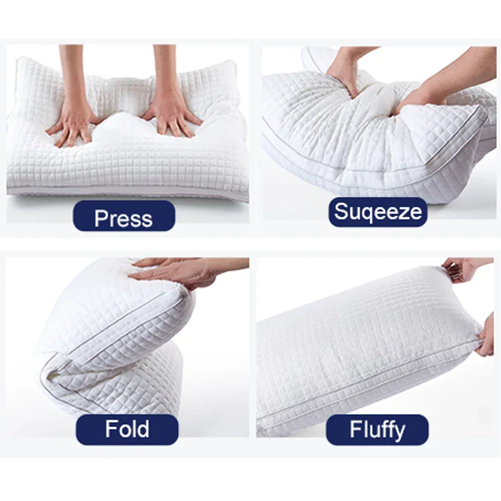 Hands pressing, squeezing, folding, and fluffing a white quilted memory foam pillow
