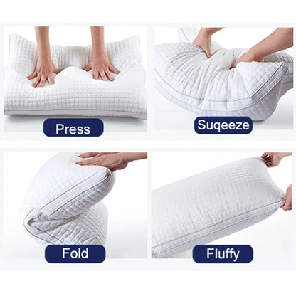 Hands pressing, squeezing, folding, and fluffing a white quilted memory foam pillow