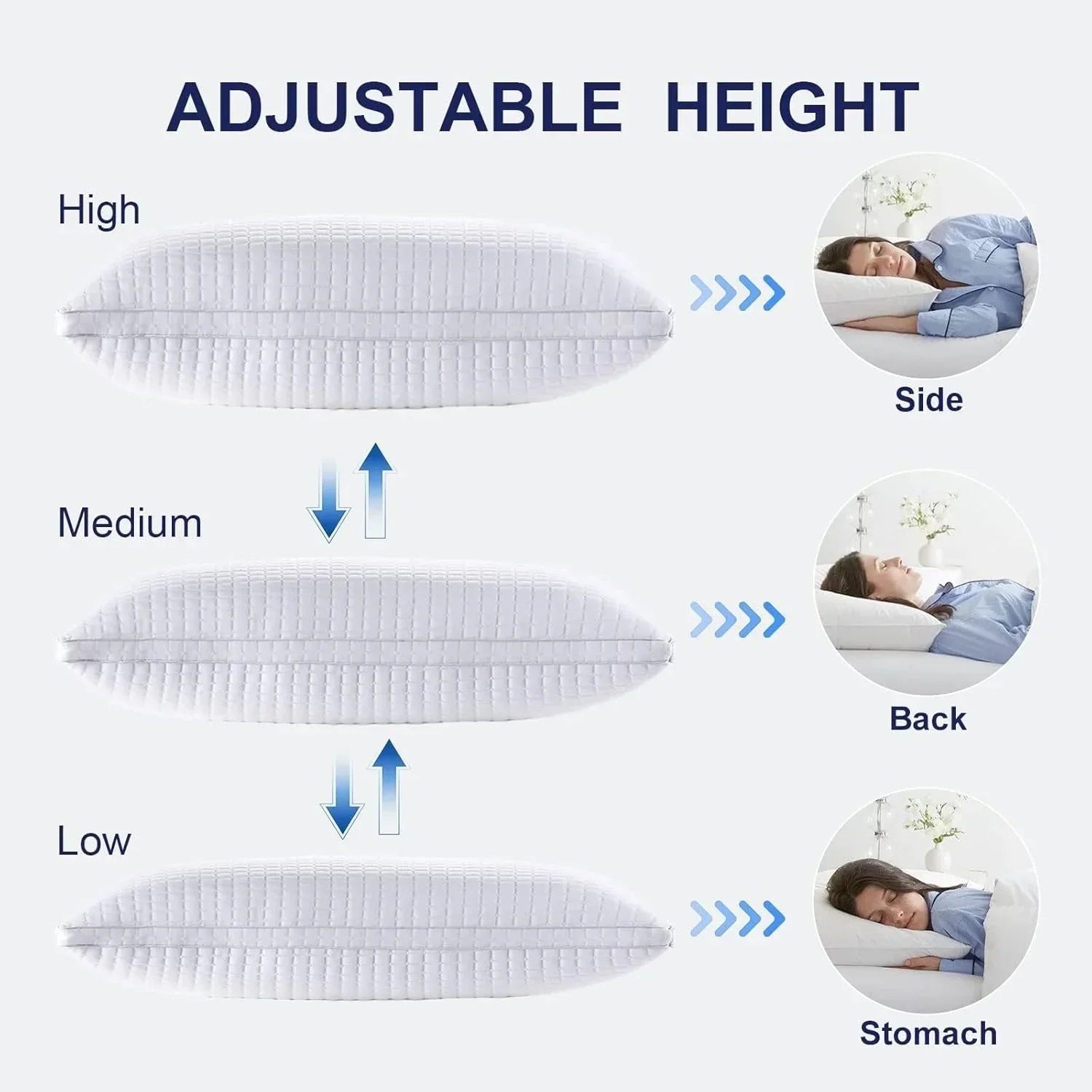 Adjustable height white pillow in high, medium, and low settings for side, back, and stomach sleepers