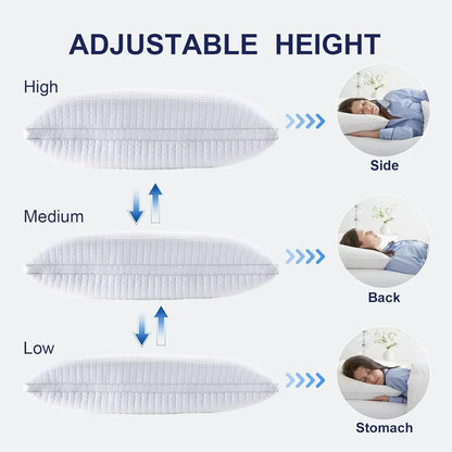 Adjustable height white pillow in high, medium, and low settings for side, back, and stomach sleepers