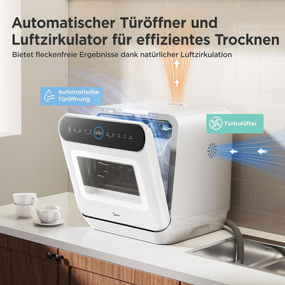 White countertop dishwasher with automatic door opening and turbo dryer, efficient drying in kitchen setting