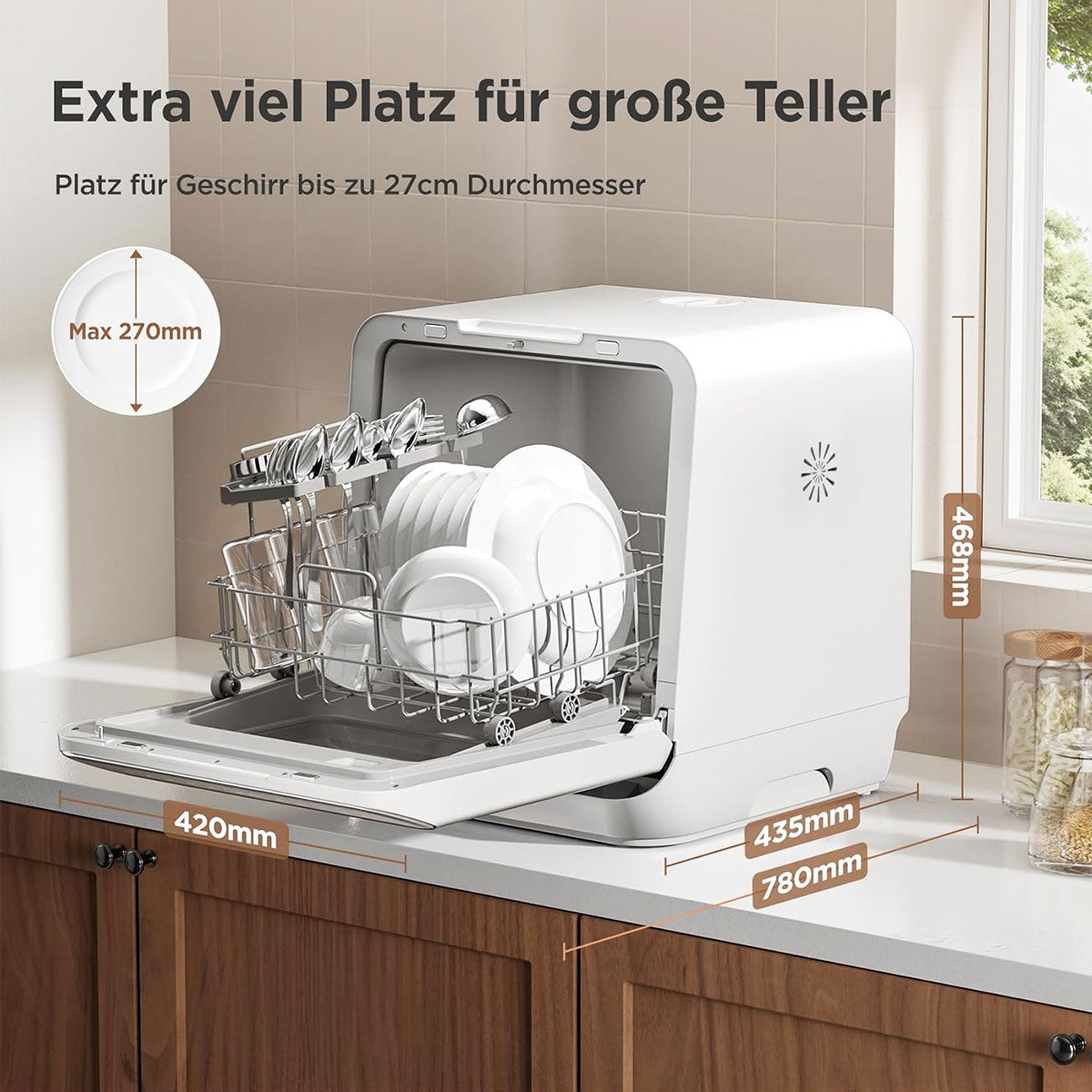 Compact white countertop dishwasher with spacious interior for plates up to 27cm, ideal for small kitchens.