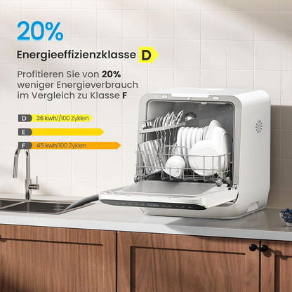 Compact white dishwasher with energy efficiency class D, loaded with clean dishes in a modern kitchen
