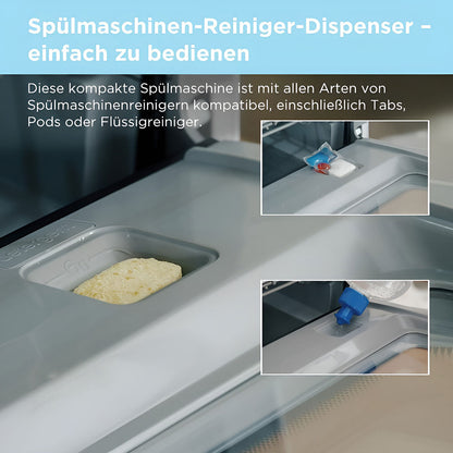 Dishwasher detergent dispenser with tablet, pod, and liquid options for easy use
