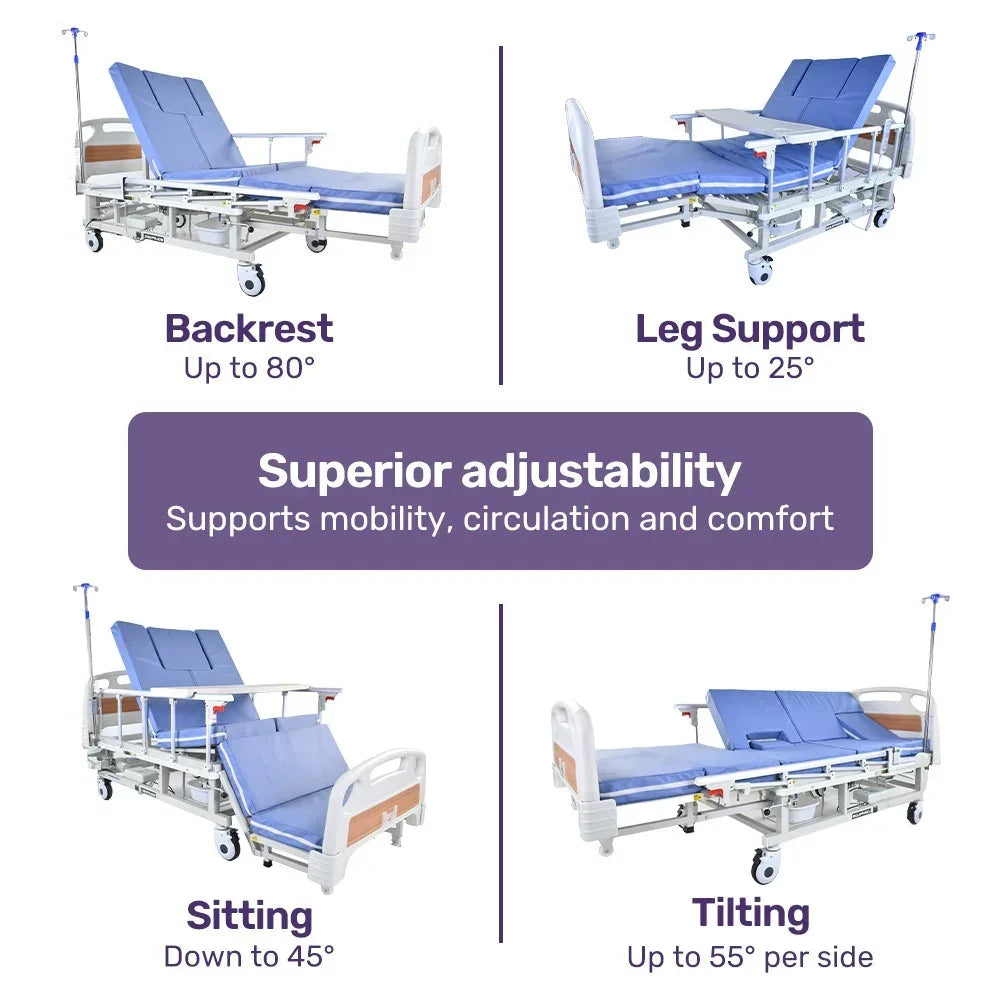 EQUIPMED Electric 8 Function Medical Bed , w/ Mattress & Over Bed Table, Adjustable Back and Leg Lifting, Lateral Tilting, Commode Bowl, IV Pole