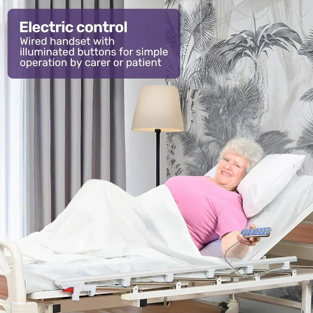 EQUIPMED Electric 8 Function Medical Bed , w/ Mattress & Over Bed Table, Adjustable Back and Leg Lifting, Lateral Tilting, Commode Bowl, IV Pole