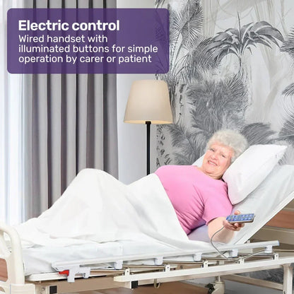 EQUIPMED Electric 8 Function Medical Bed , w/ Mattress & Over Bed Table, Adjustable Back and Leg Lifting, Lateral Tilting, Commode Bowl, IV Pole
