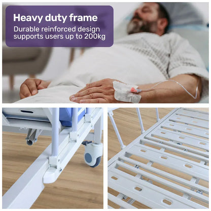 EQUIPMED Electric 8 Function Medical Bed , w/ Mattress & Over Bed Table, Adjustable Back and Leg Lifting, Lateral Tilting, Commode Bowl, IV Pole