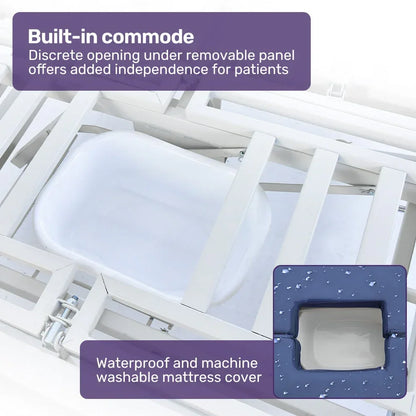 EQUIPMED Electric 8 Function Medical Bed , w/ Mattress & Over Bed Table, Adjustable Back and Leg Lifting, Lateral Tilting, Commode Bowl, IV Pole