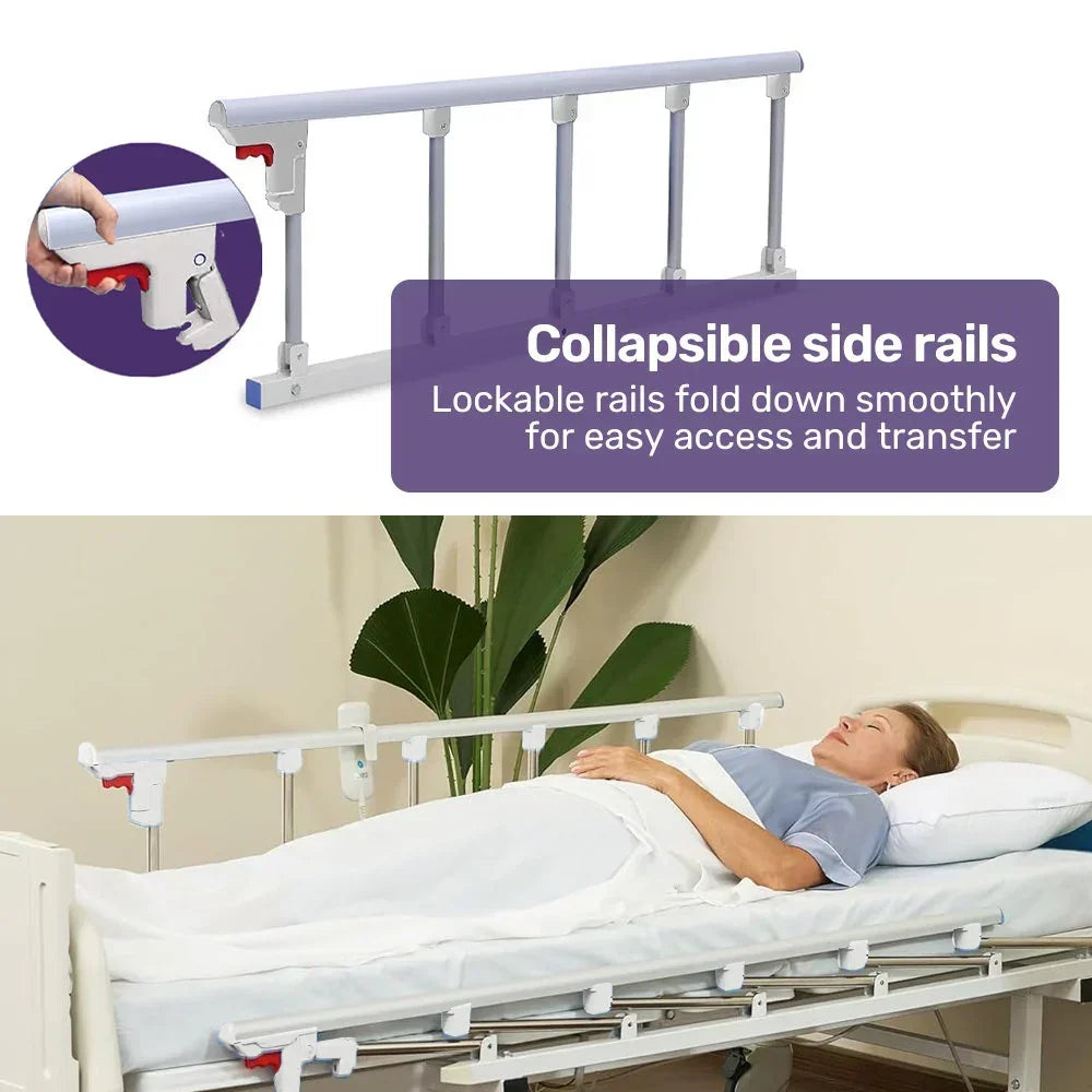 EQUIPMED Electric 8 Function Medical Bed , w/ Mattress & Over Bed Table, Adjustable Back and Leg Lifting, Lateral Tilting, Commode Bowl, IV Pole