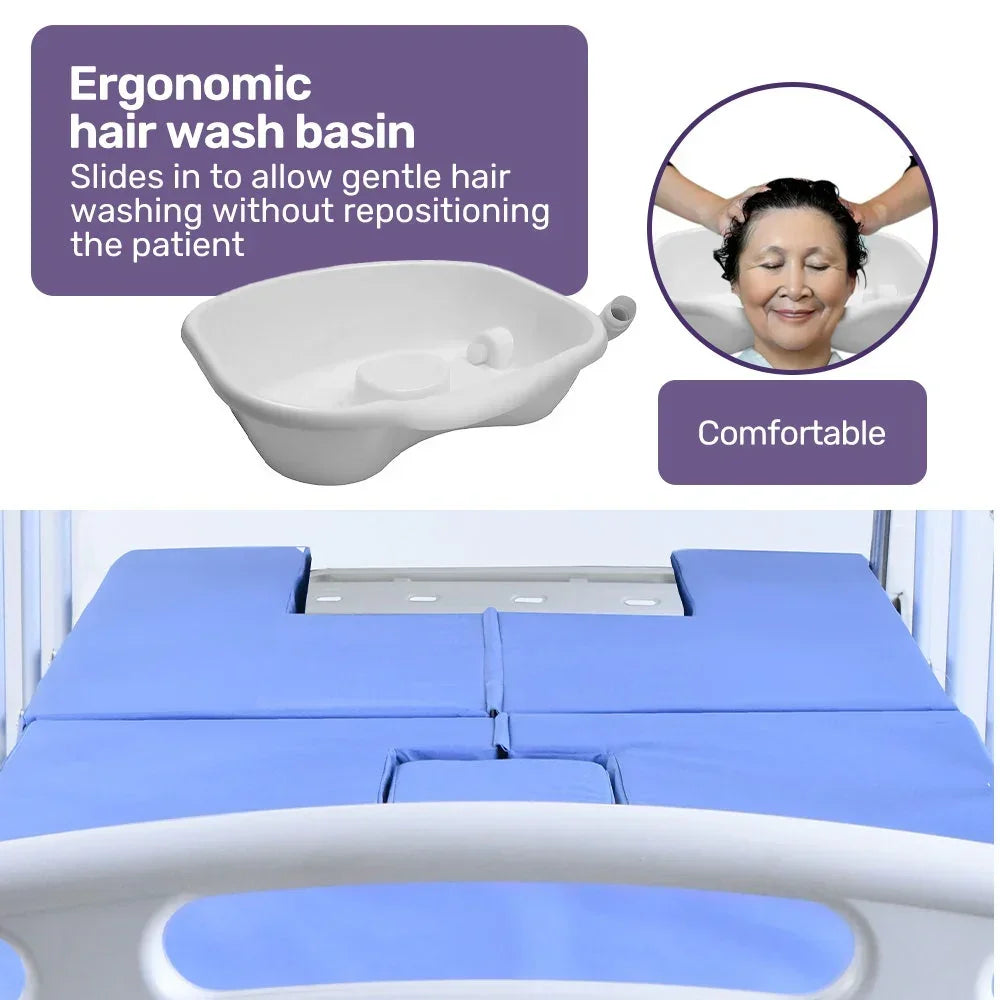 EQUIPMED Electric 8 Function Medical Bed , w/ Mattress & Over Bed Table, Adjustable Back and Leg Lifting, Lateral Tilting, Commode Bowl, IV Pole