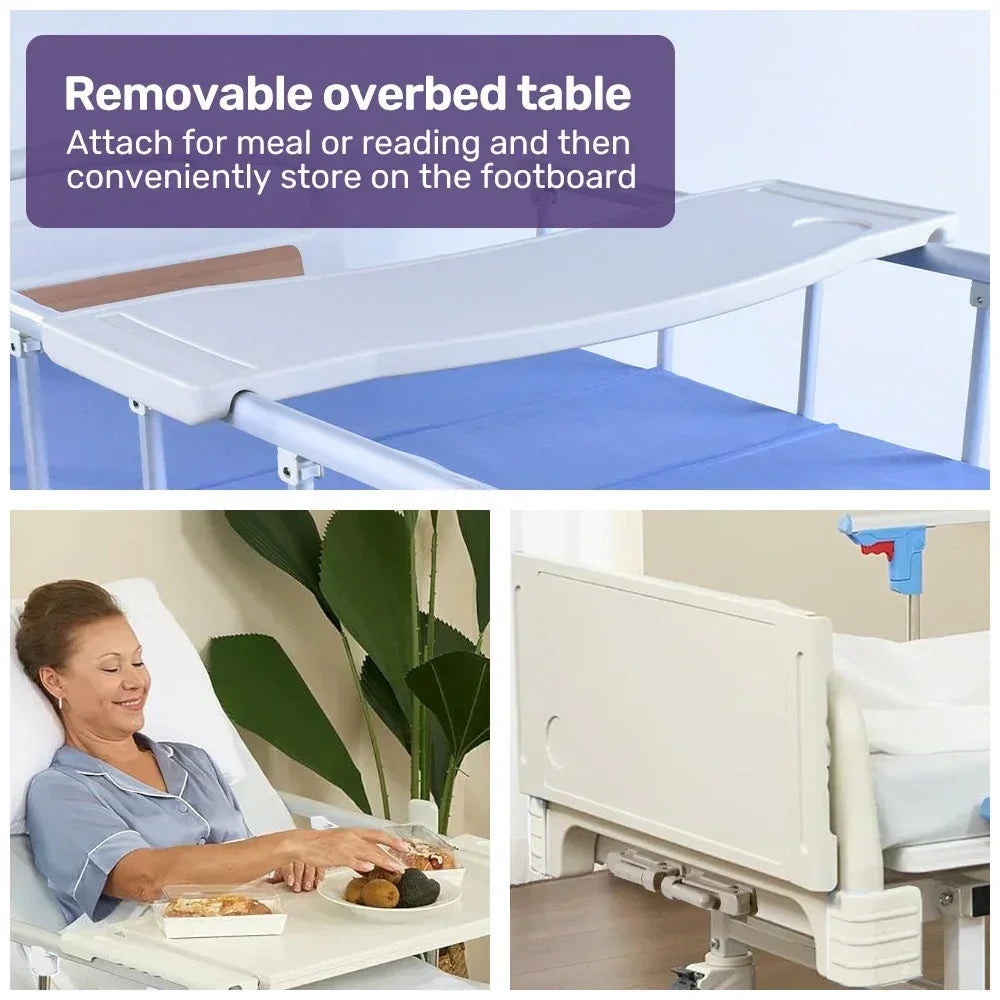 EQUIPMED 4 Function Medical Bed, w/ Mattress & Over Bed Table, Easy Manual Adjustable Back and Leg Incline, IV Pole