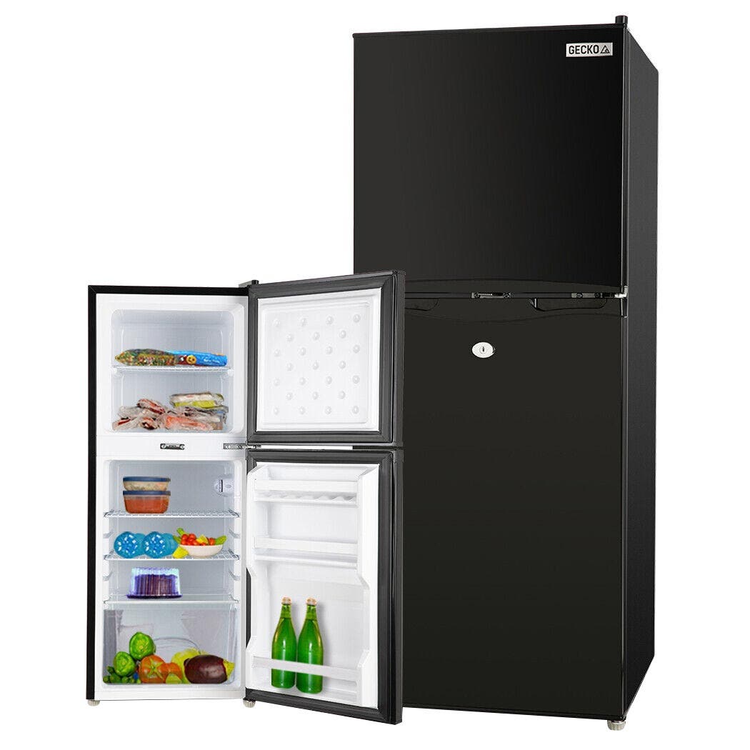 Black GECKO fridge with open doors showing food and drinks inside, ideal for home use