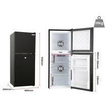 Compact black refrigerator with 44L freezer and 81L fridge, dimensions and weight labeled