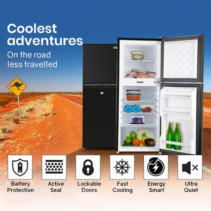 Portable 12V fridge freezer for road trips, featuring lockable doors, fast cooling, battery protection, and ultra-quiet operation.