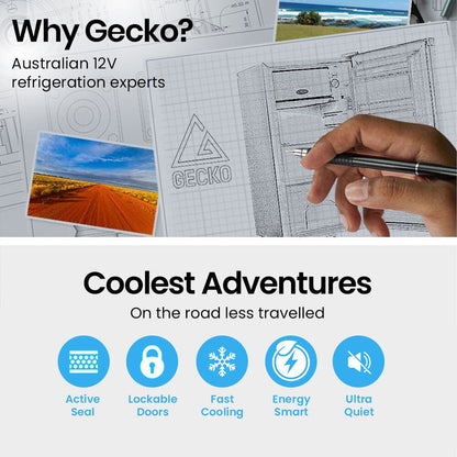 Gecko 12V fridge features: active seal, lockable doors, fast cooling, energy smart, ultra quiet for adventures