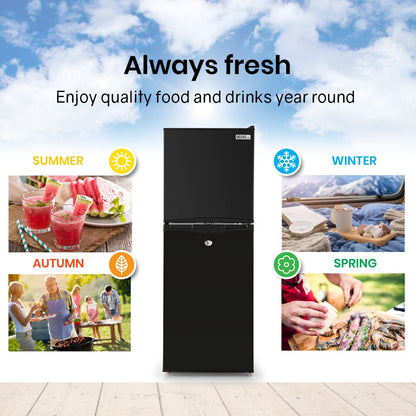 Black GECKO fridge freezer for fresh food year-round, perfect for summer drinks, winter snacks, autumn BBQs, spring meals