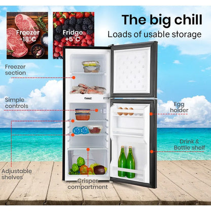 Compact fridge freezer with adjustable shelves, egg holder, crisper, and drink storage – ideal for home or office.