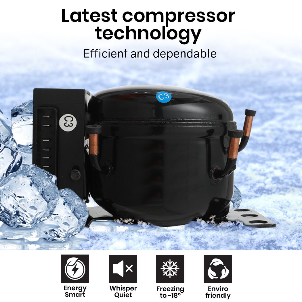 Black refrigerator compressor with C3 label, ice cubes, and icons for energy smart, whisper quiet, freezing to -18°C, and eco-friendly.