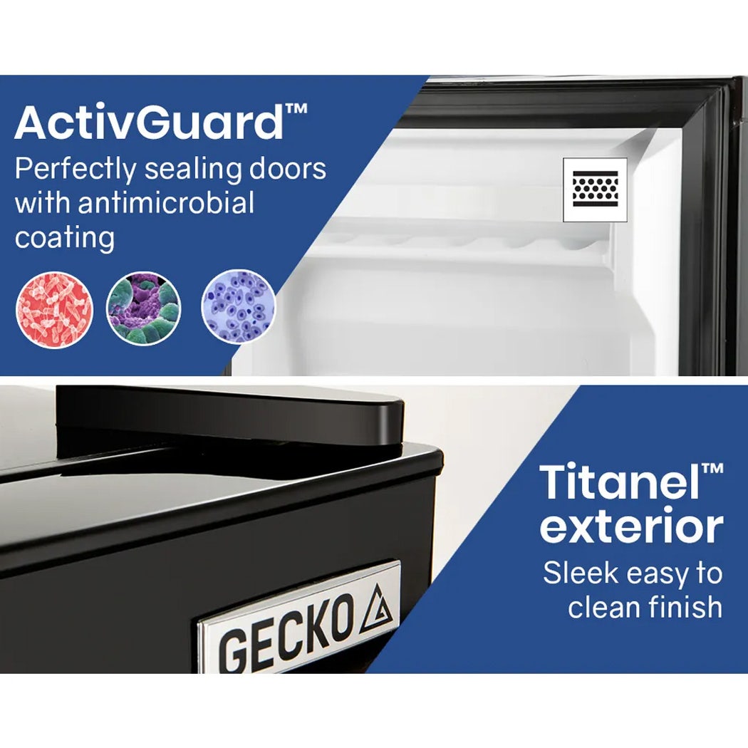 Gecko mini fridge with ActivGuard antimicrobial seal & Titanel sleek black exterior, easy clean finish