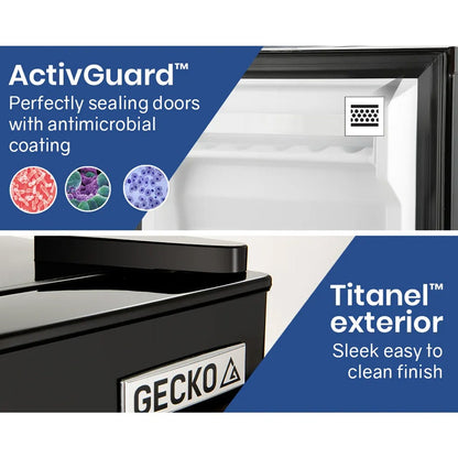 Gecko mini fridge with ActivGuard antimicrobial seal & Titanel sleek black exterior, easy clean finish