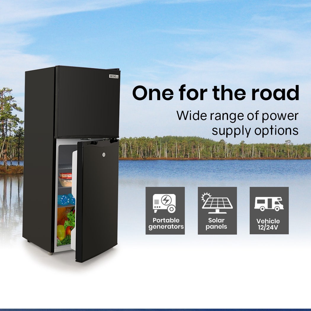 Black portable fridge freezer for road trips, powered by solar, vehicle 12/24V, or generators