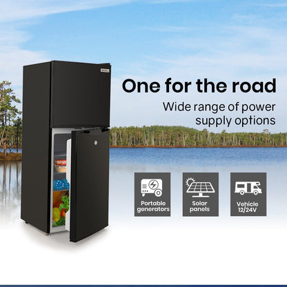 Black portable fridge freezer for road trips, powered by solar, vehicle 12/24V, or generators