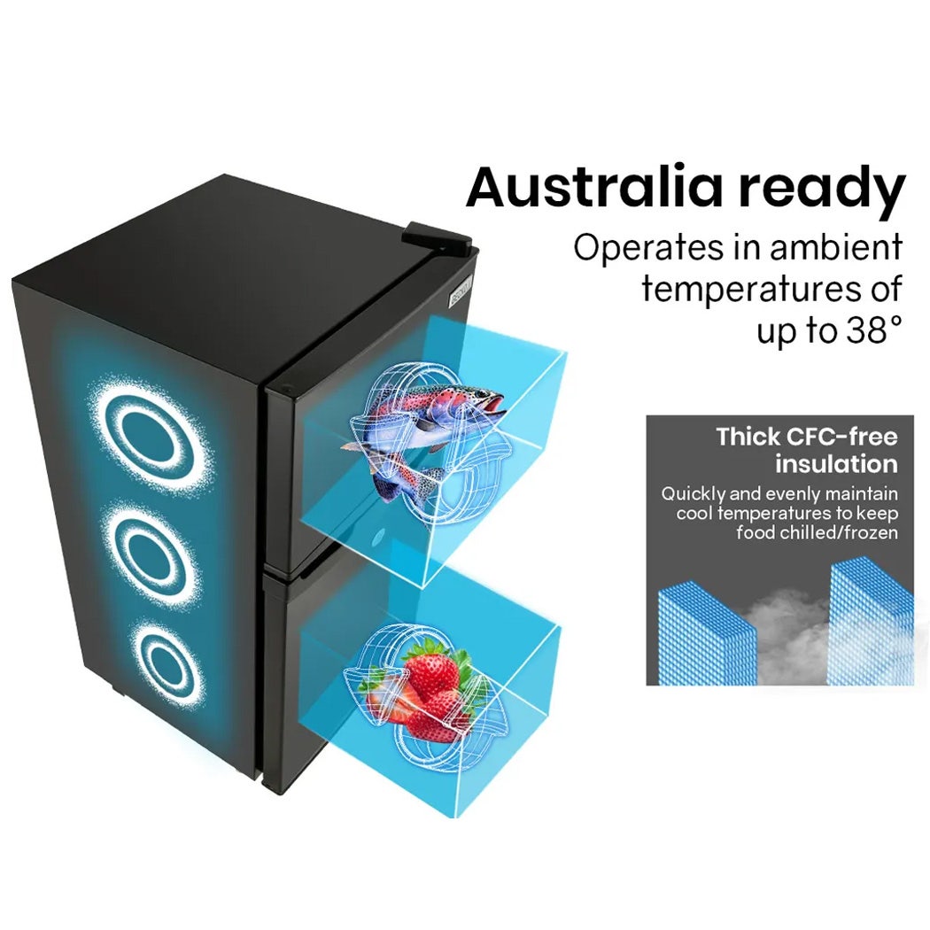 Compact black mini fridge with CFC-free insulation, Australia-ready for up to 38°C, chilling food and drinks