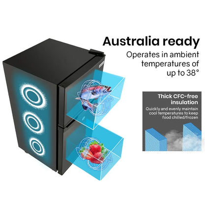 Compact black mini fridge with CFC-free insulation, Australia-ready for up to 38°C, chilling food and drinks