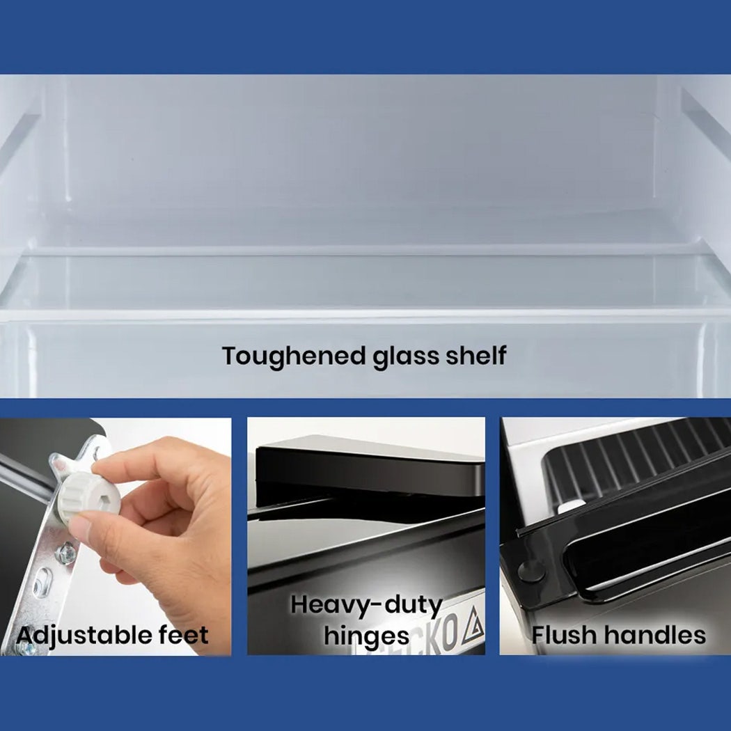 Toughened glass shelf, adjustable feet, heavy-duty hinges, flush handles for durable storage